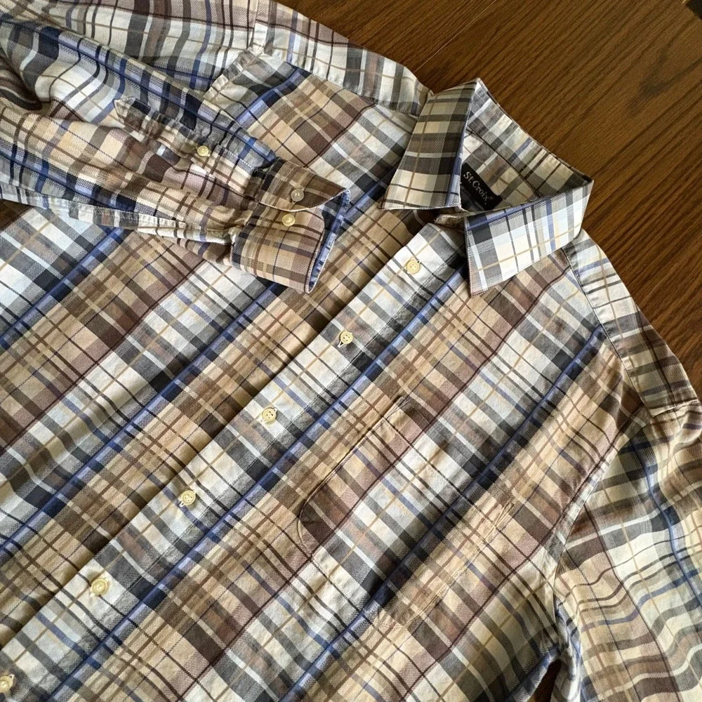 St. Croix Men‎ Button Down Shirt Large Tan Blue Plaid Cotton Italy Pocket EUC!